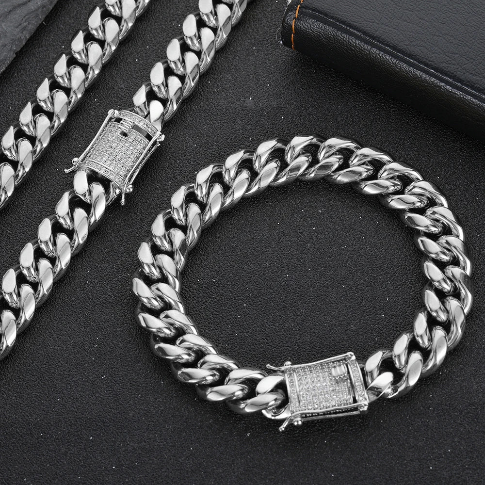 Stainless Steel Miami Cuban Link Chain Necklace Bracelet Men Women Silver Color