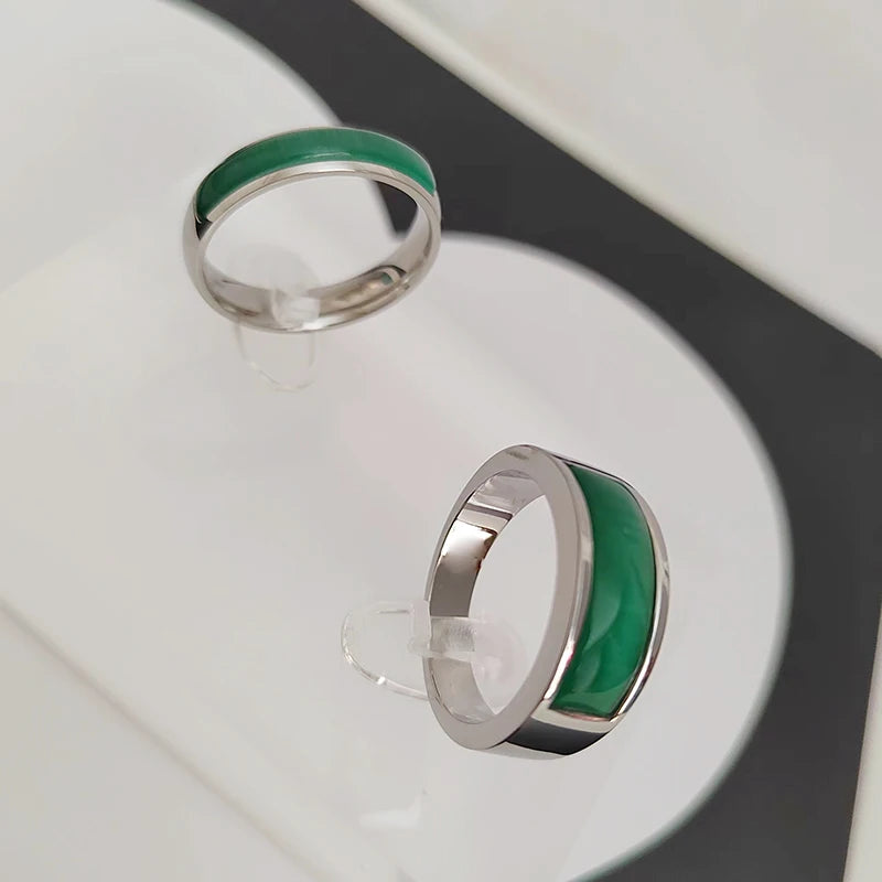Classic Silver Color Stainless Steel Rings for Women Men Channel Setting Green Opal Simple Wedding Bands Engagement Jewelry