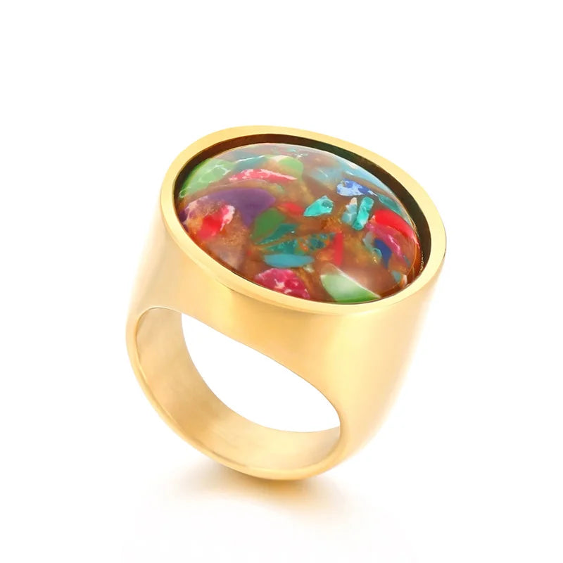 Colorful Glass Shell Pearl Large Rings for Women Men Gold Silver Color Stainless Steel