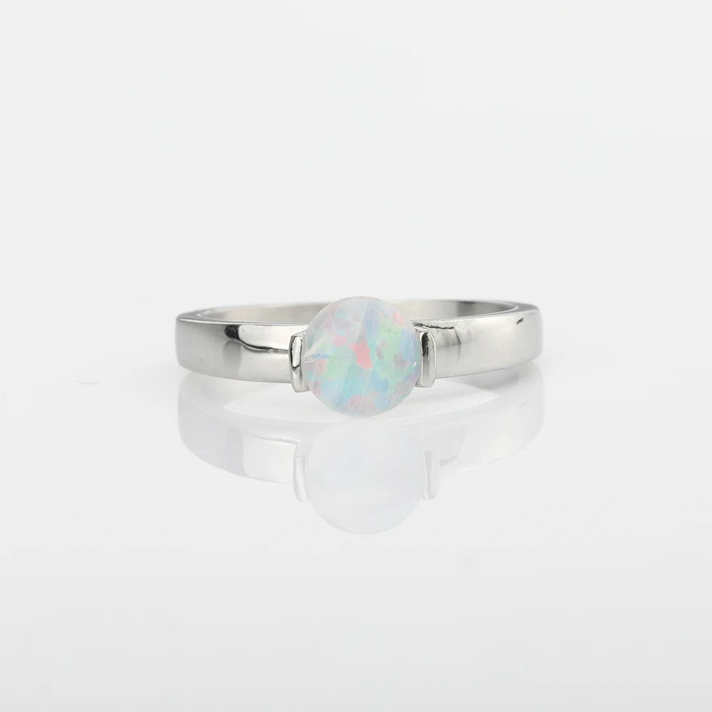 6*6mm Artificial Australian Opal Ring Fine Jewelry Rings for Women Anniversary Gift 316L Stainless Steel