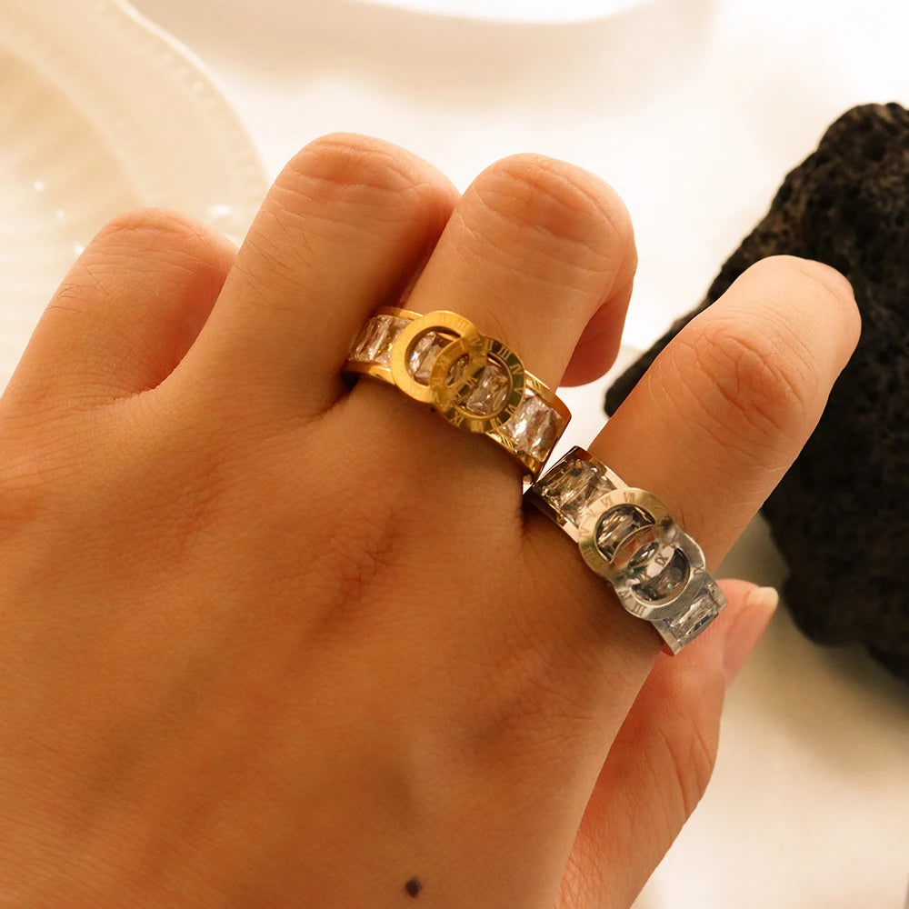Cross Circle Roman Numerals Rings for Women Stainless Steel