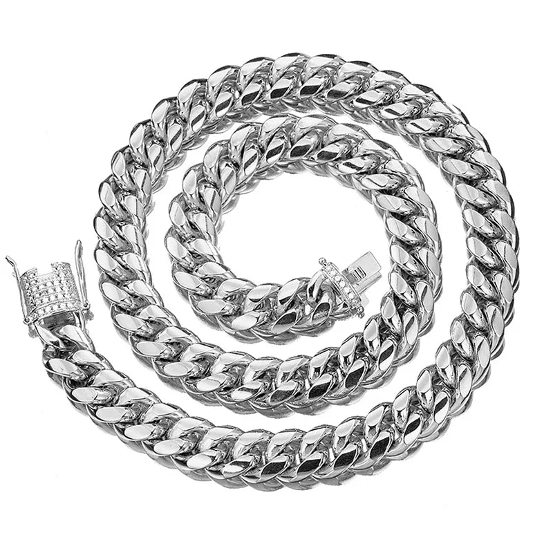 Stainless Steel Silver Color Cuban Miami Chains Necklaces CZ Zircon