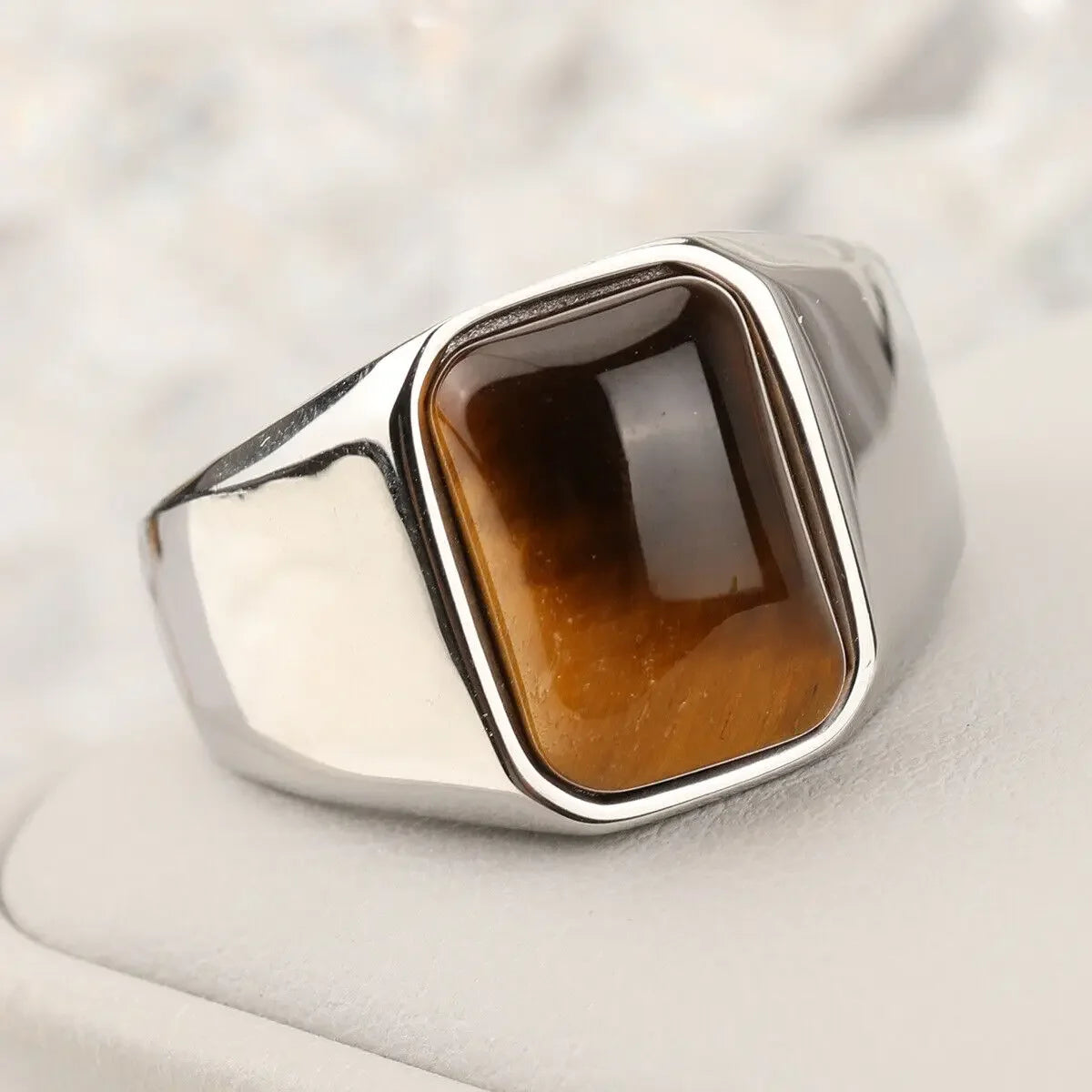 Natural Gemstone Tiger Eye Signet Ring Stainless Steel Waterproof