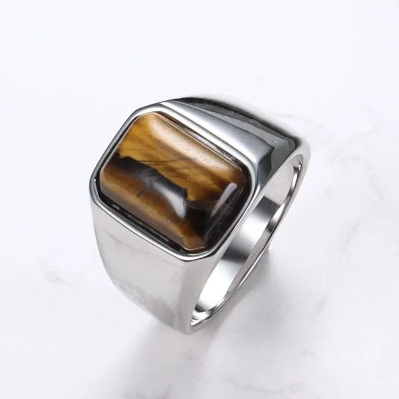 Natural Gemstone Tiger Eye Signet Ring Stainless Steel Waterproof