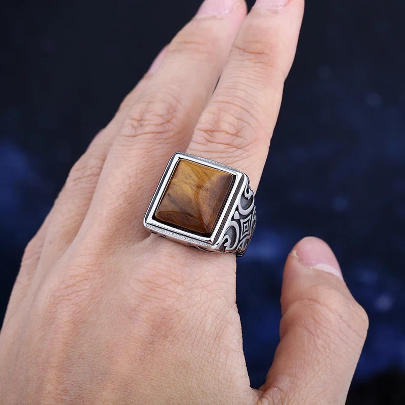 Stainless Steel Tiger Eye Stone Ring With Pattern Anels
