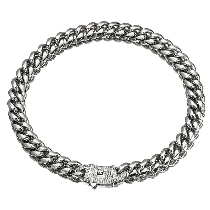 Silver Color Stainless Steel Cuban Miami Chains Necklaces CZ Zircon Lock Link