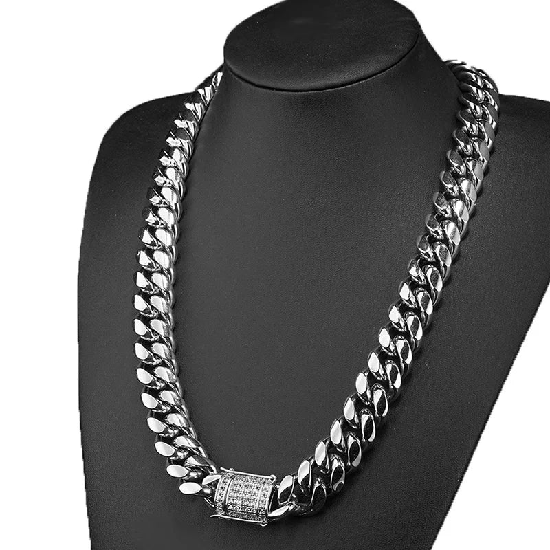 Stainless Steel Silver Color Cuban Miami Chains Necklaces CZ Zircon