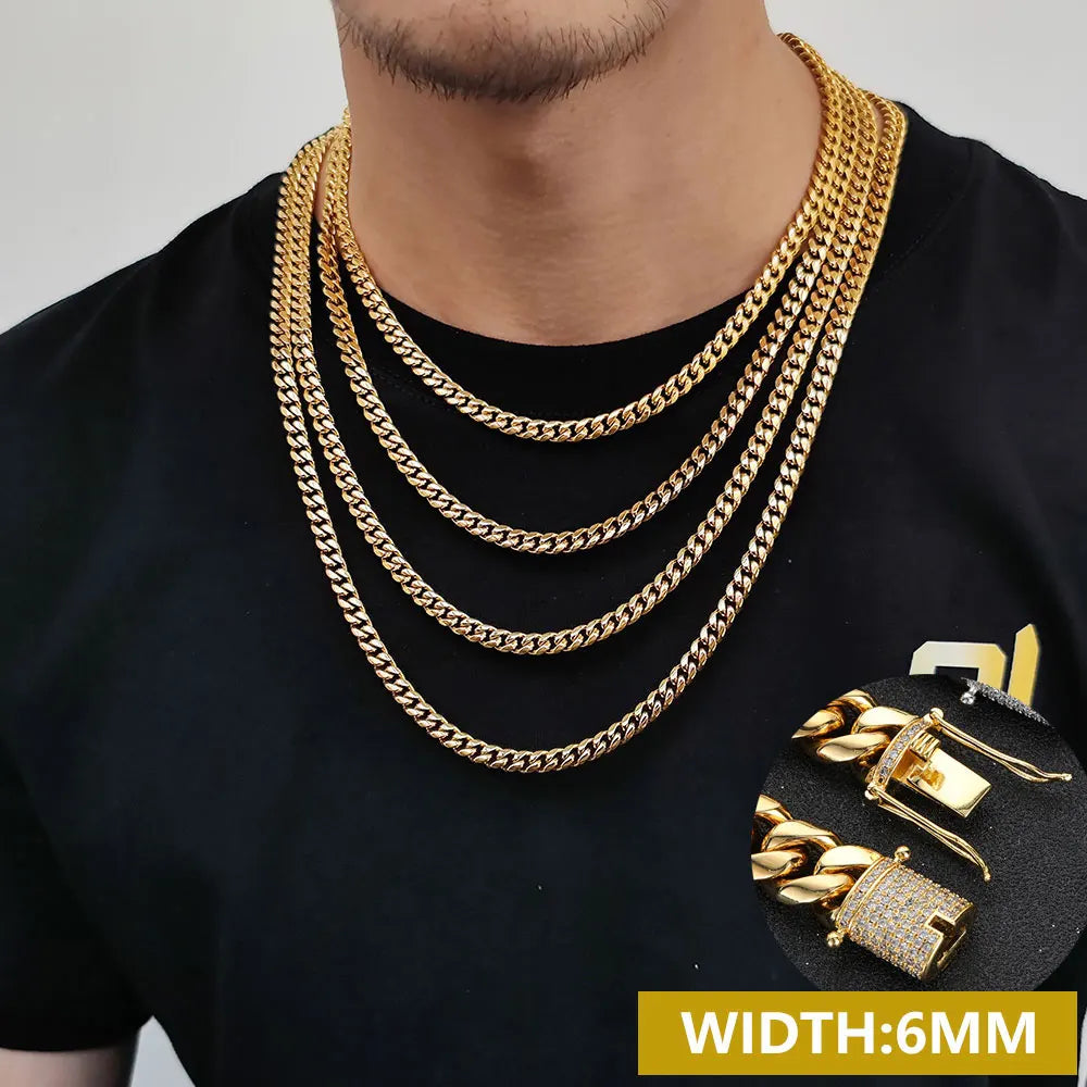 6-16mm Iced Clasp Cuban Link Chain Miami Stainless Steel Necklace Gold Color