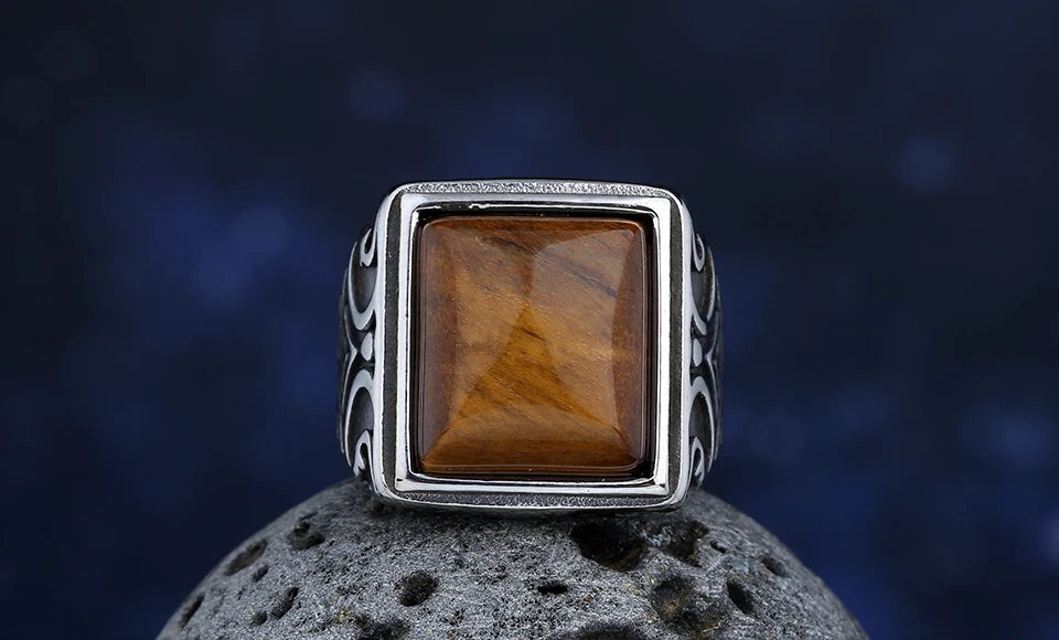 Stainless Steel Tiger Eye Stone Ring With Pattern Anels