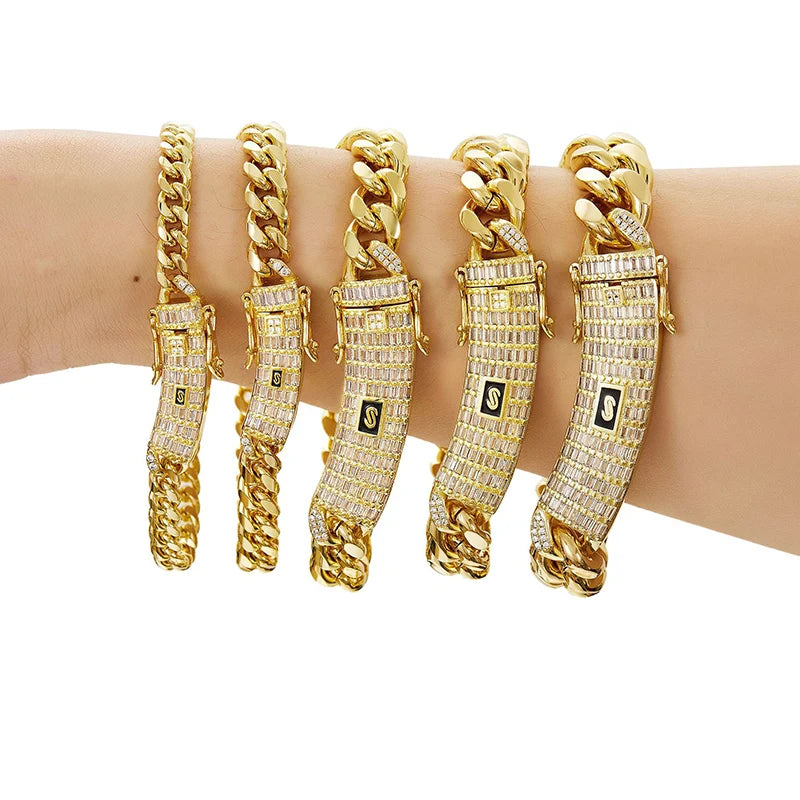 6-14mm Gold Color Stainless Steel Cuban Miami Chains Necklaces CZ Zircon