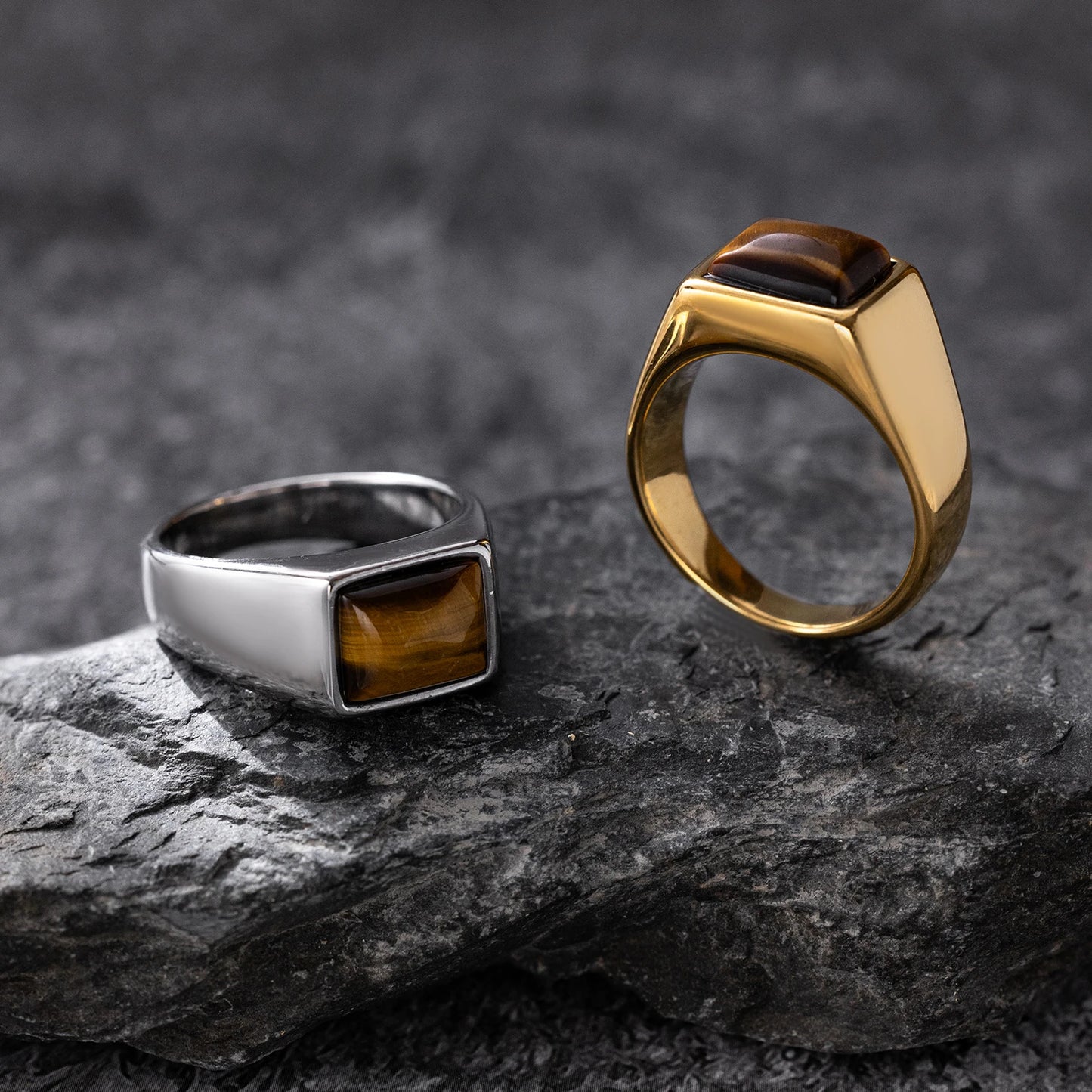 316L Stainless Steel Ring with Natural Tiger's Eye - Simple Retro Style, Single Ring, Gold Plated, Natural Stone for men women