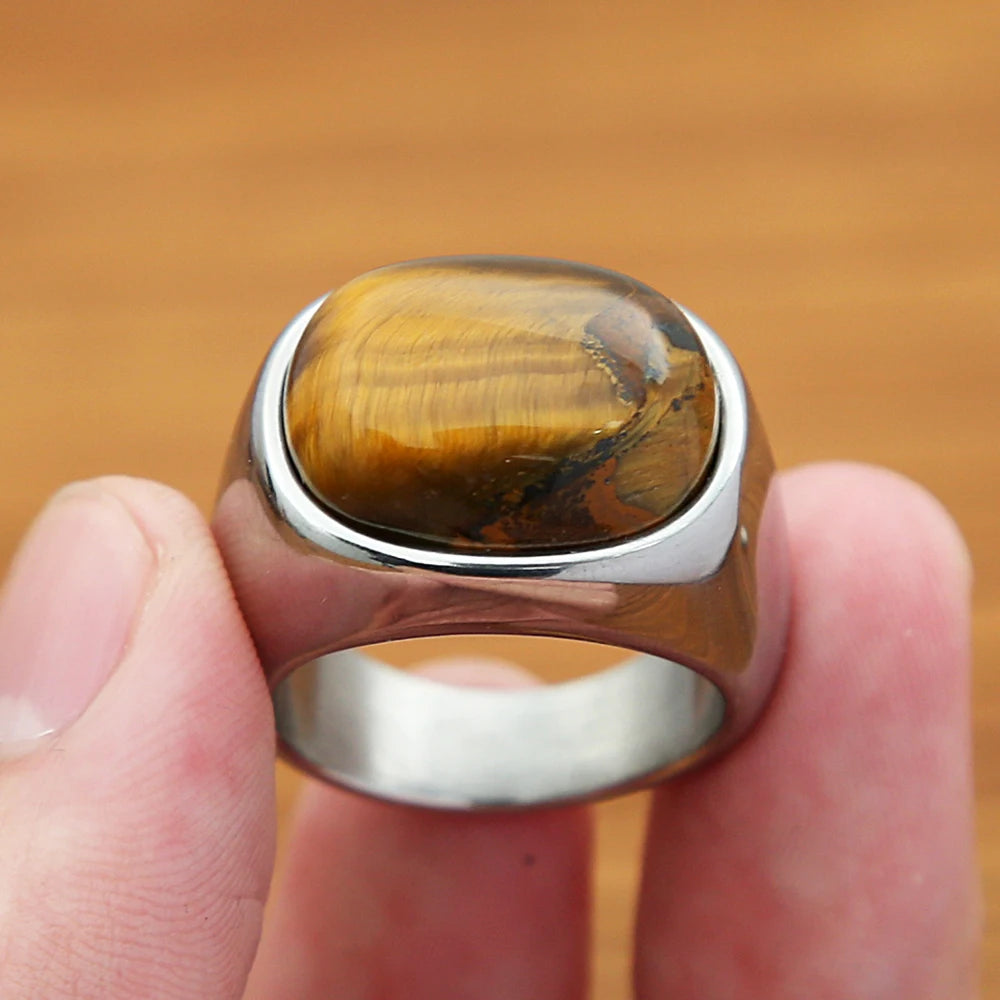 Golden Color Tiger Eye Brown Stones Rings Stainless Steel