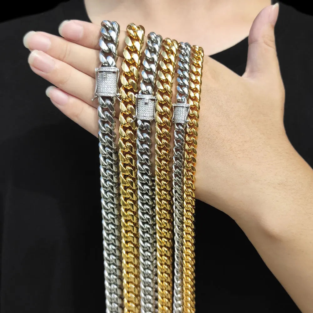 Stainless Steel Miami Cuban Link Chain Necklace Bracelet Men Women Silver Color