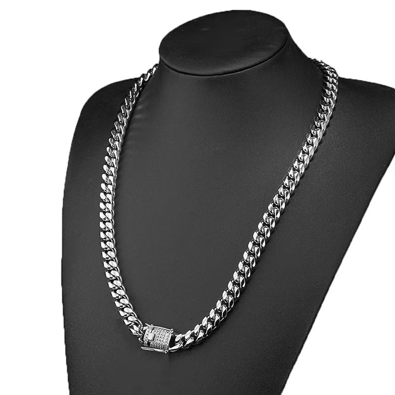 Stainless Steel Silver Color Cuban Miami Chains Necklaces CZ Zircon