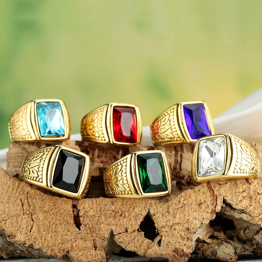 Never Fade Stone Rings Men Hip Hop Pattern Stainless Steel