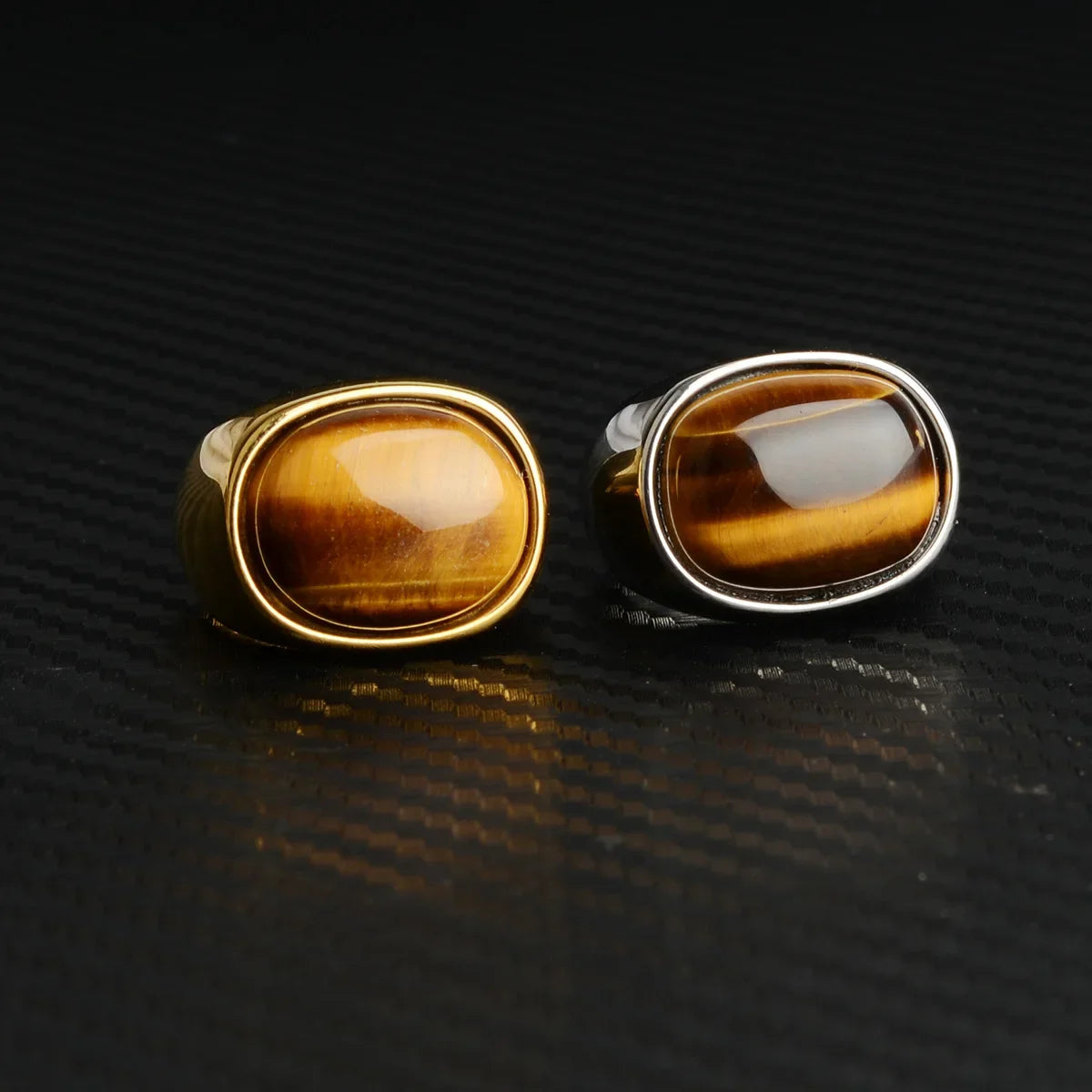 Oval Natural Tiger Eye Stone Rings for Women Men Stainless Steel