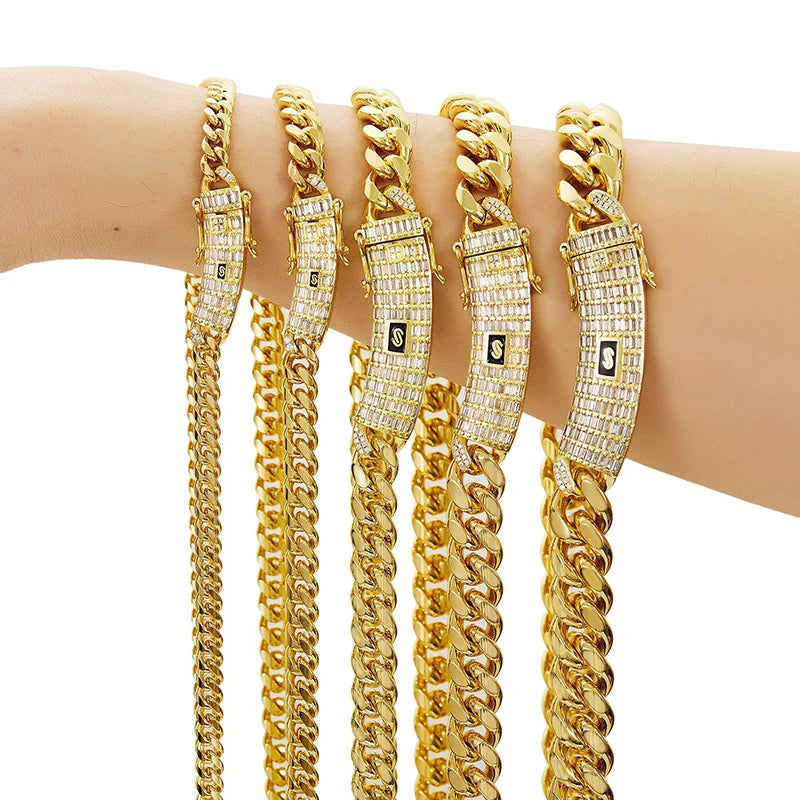 6-14mm Silver Color Stainless Steel Cuban Miami Chains Necklaces Bracelet CZ Zircon