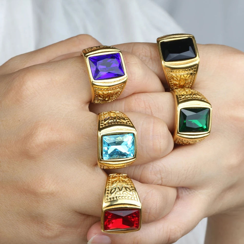 Never Fade Stone Rings Men Hip Hop Pattern Stainless Steel