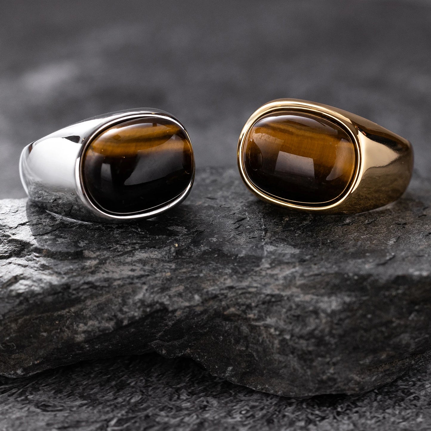 316L Stainless Steel Ring with Natural Tiger's Eye - Simple Round Style, Unisex Ring, Gold Plated, Natural Stone for men women