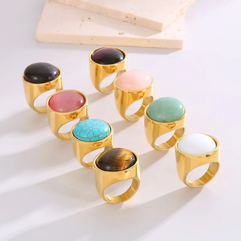 Colorful Glass Shell Pearl Large Rings for Women Men Gold Silver Color Stainless Steel