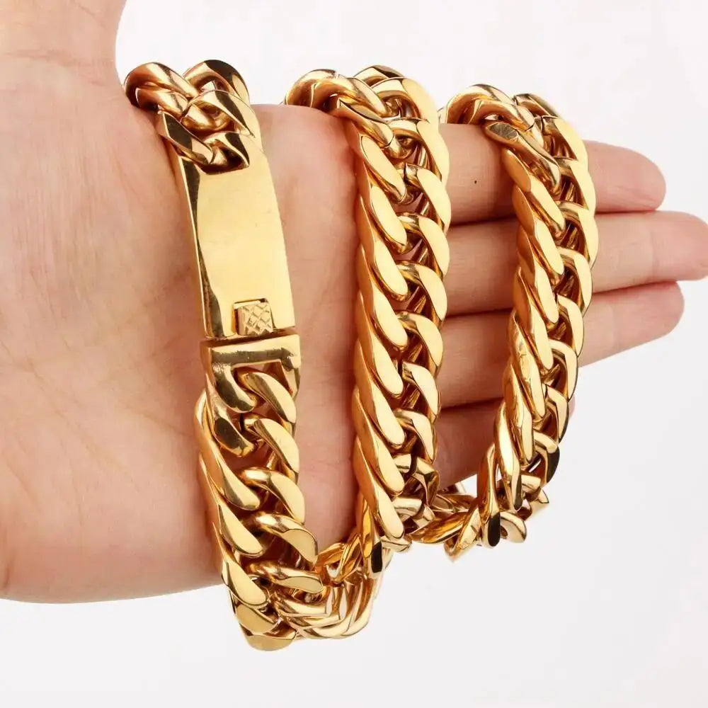15mm 7-40inch Gold Color Stainless Steel Jewelry Curb Cuban Link Chain Choker Men's Necklace