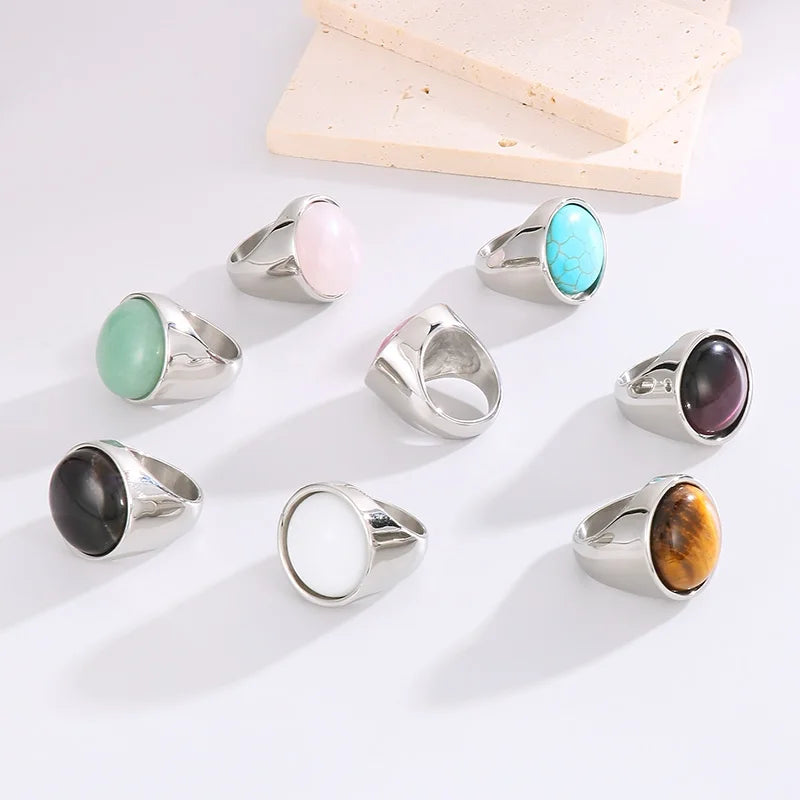 Colorful Glass Shell Pearl Large Rings for Women Men Gold Silver Color Stainless Steel