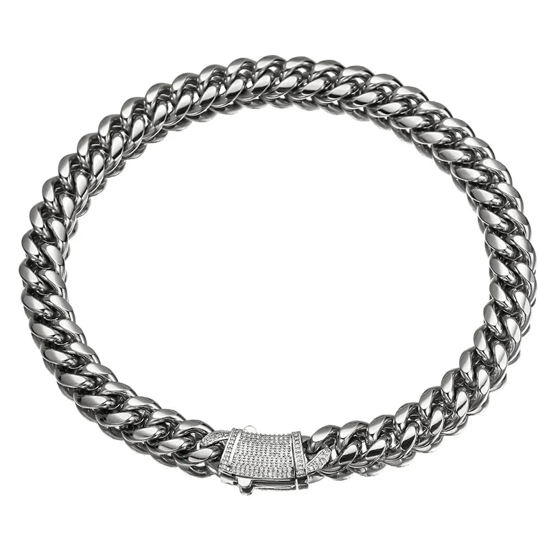 Silver Color Stainless Steel Cuban Miami Chains Necklaces CZ Zircon Lock Link