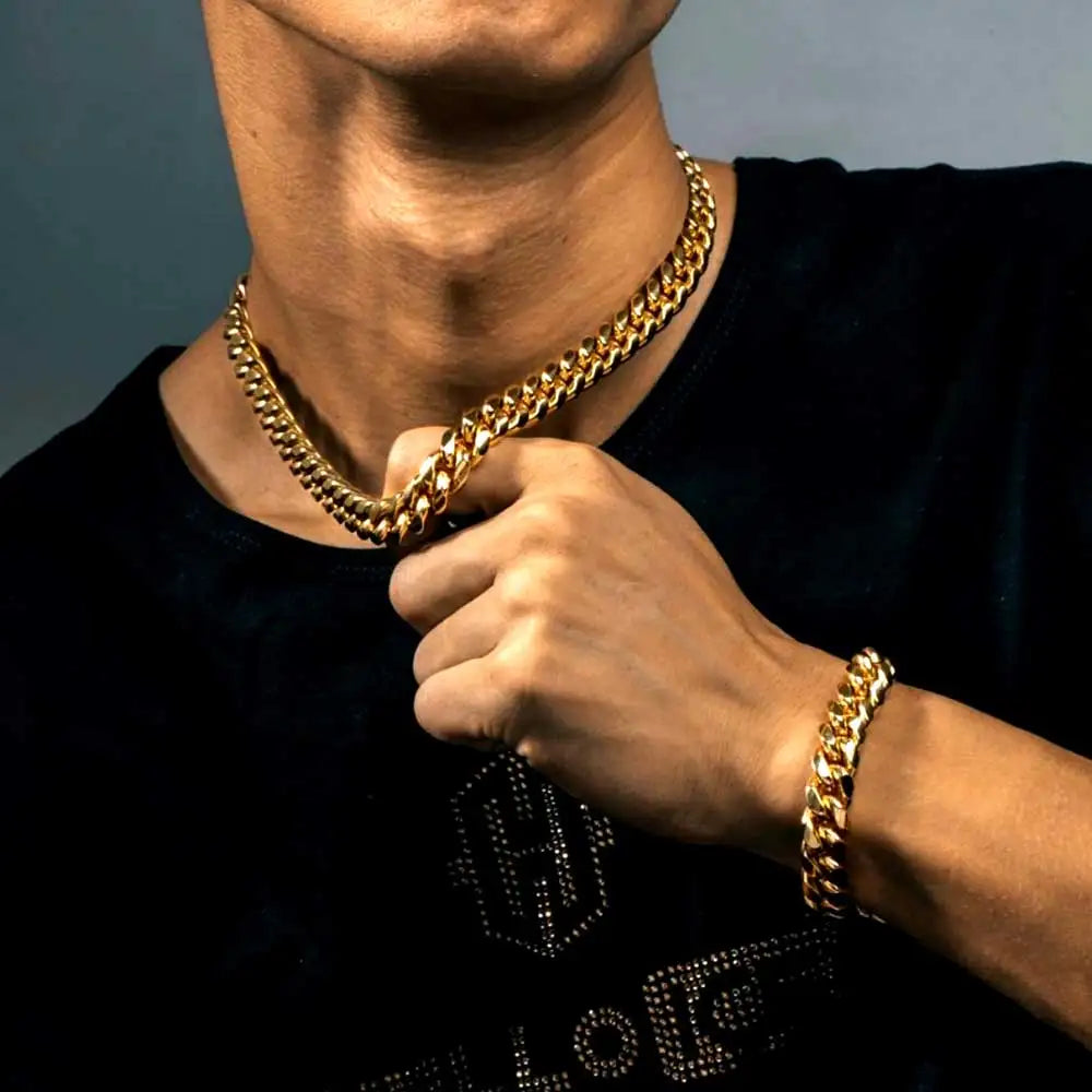 6-16mm Iced Clasp Cuban Link Chain Miami Stainless Steel Necklace Gold Color