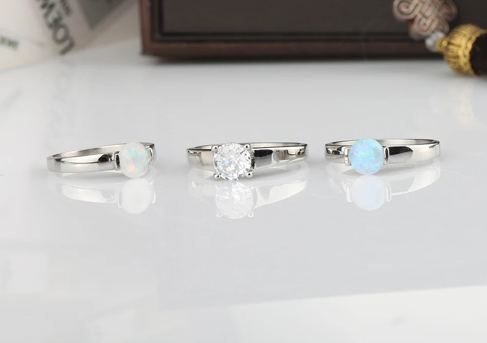 6*6mm Artificial Australian Opal Ring Fine Jewelry Rings for Women Anniversary Gift 316L Stainless Steel
