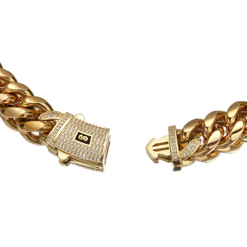 Silver Color Stainless Steel Cuban Miami Chains Necklaces CZ Zircon Lock Link