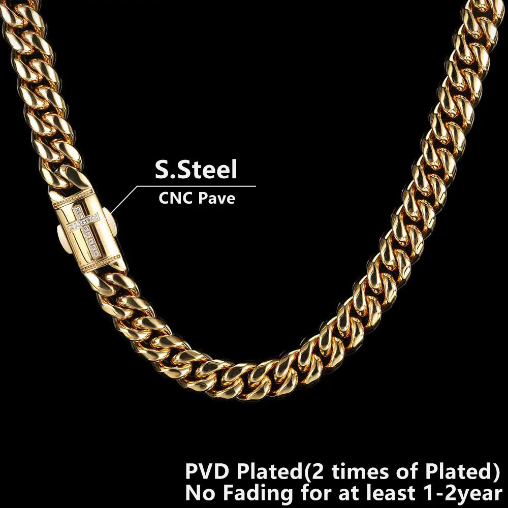 12mm Stainless Steel Homme Cadena Miami Cuban Link Chain Men Rapper Rock Necklace