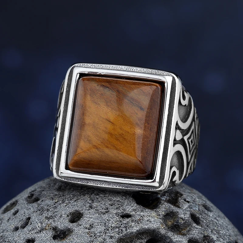 Stainless Steel Tiger Eye Stone Ring With Pattern Anels