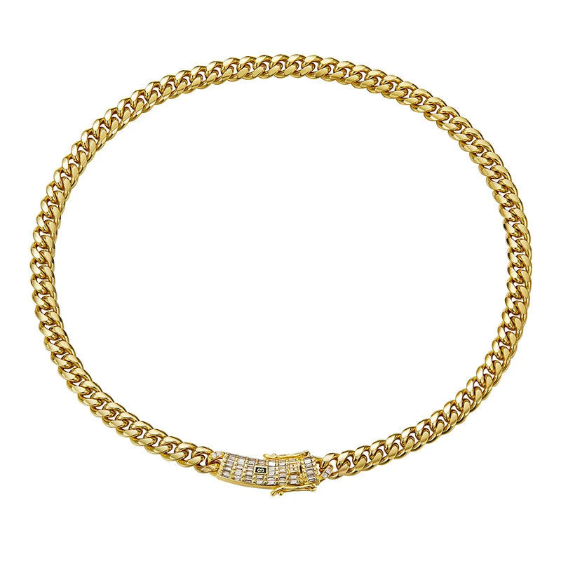 6-14mm Silver Color Stainless Steel Cuban Miami Chains Necklaces Bracelet CZ Zircon