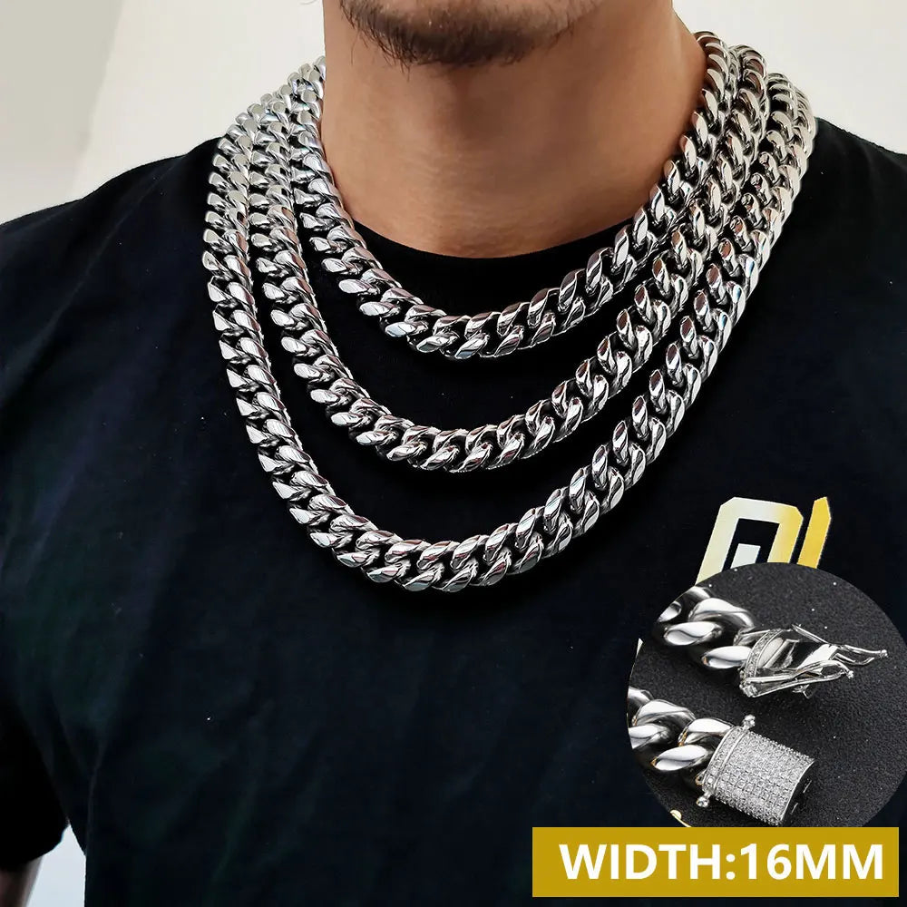 6-16mm Iced Clasp Cuban Link Chain Miami Stainless Steel Necklace Gold Color