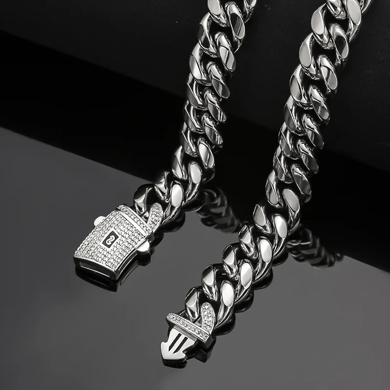 Silver Color Stainless Steel Cuban Miami Chains Necklaces CZ Zircon Lock Link
