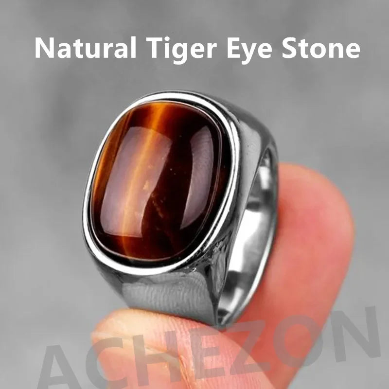 Oval Natural Tiger Eye Stone Rings for Women Men Stainless Steel