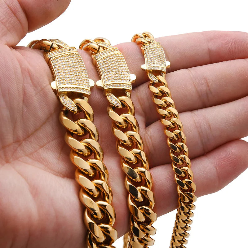 Silver Color Stainless Steel Cuban Miami Chains Necklaces CZ Zircon Lock Link