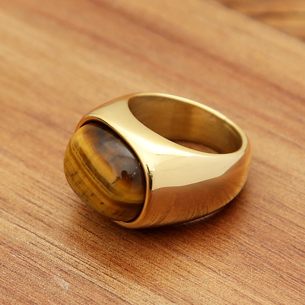 Golden Color Tiger Eye Brown Stones Rings Stainless Steel