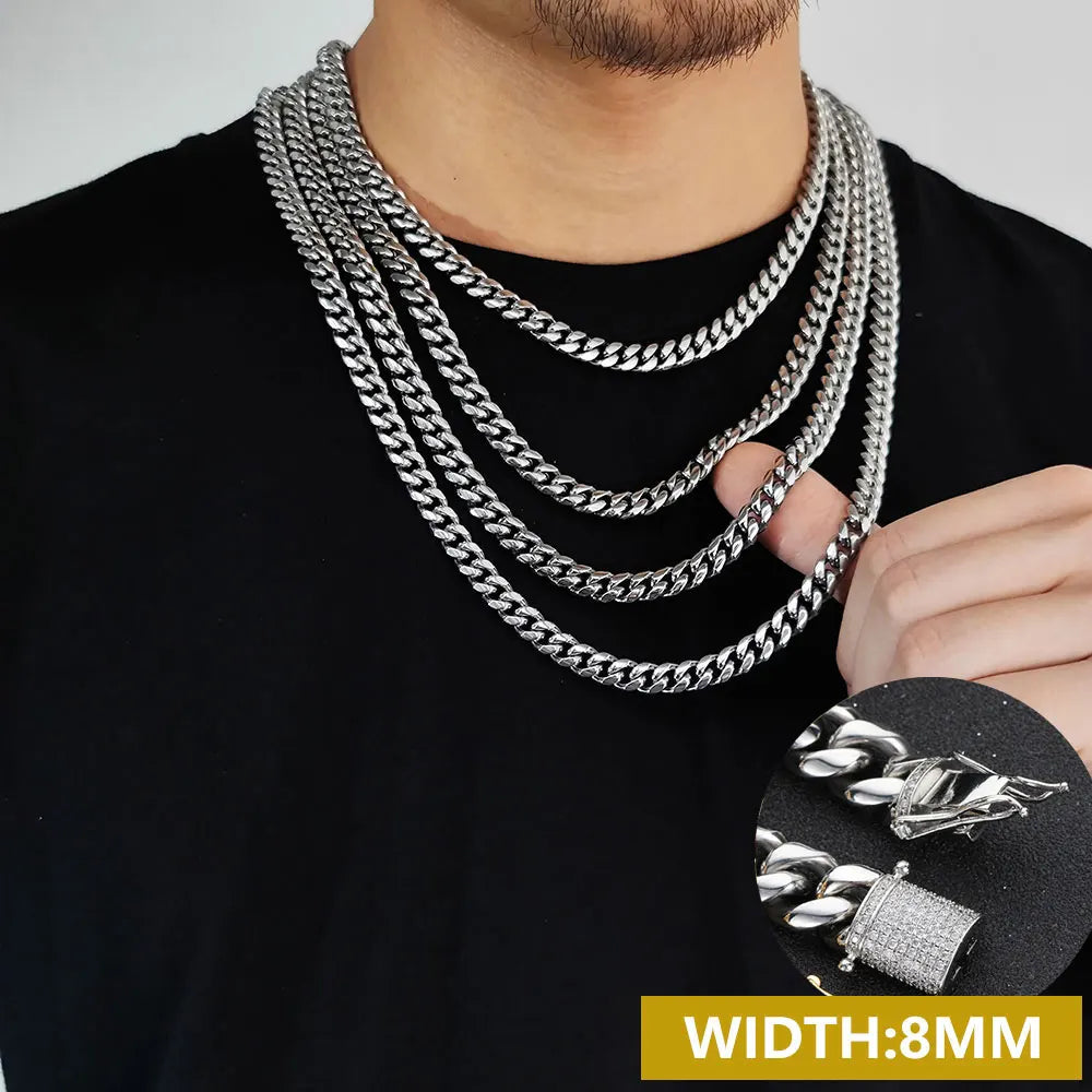 6-16mm Iced Clasp Cuban Link Chain Miami Stainless Steel Necklace Gold Color