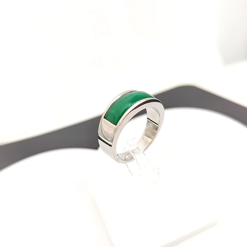 Classic Silver Color Stainless Steel Rings for Women Men Channel Setting Green Opal Simple Wedding Bands Engagement Jewelry