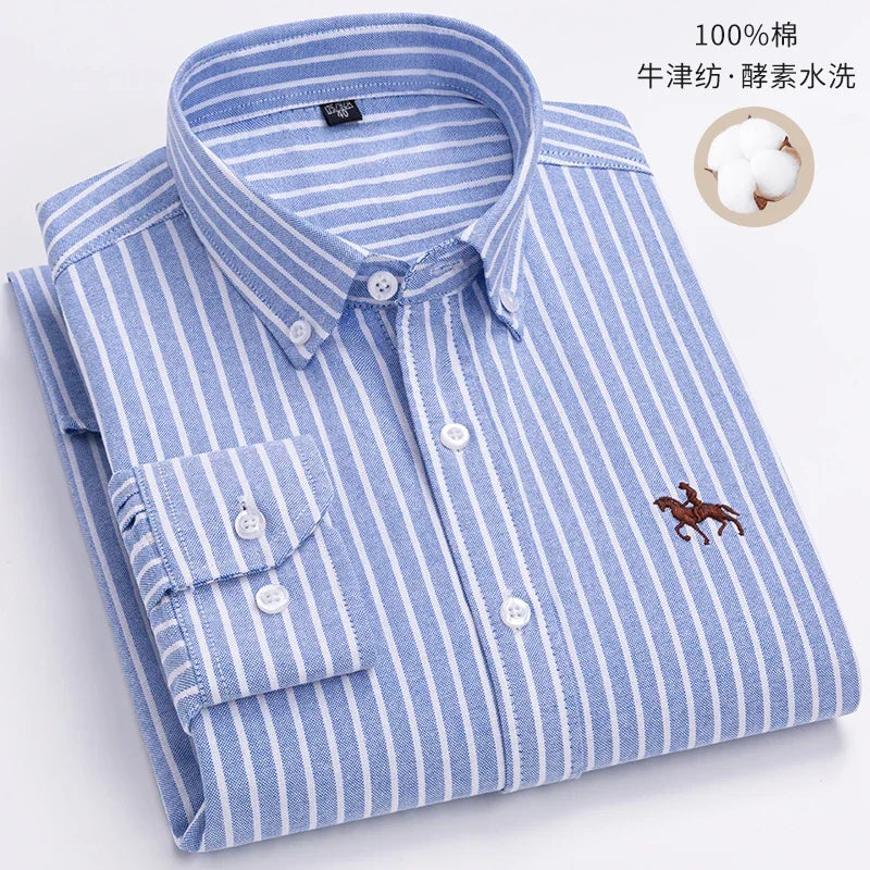 Embroidered Horse Shirts Streetwear Oversized Men Shirt Long Sleeve