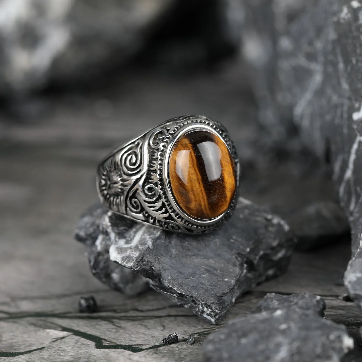 316L Stainless Steel With Tiger Eye Stone Ring For Men Women