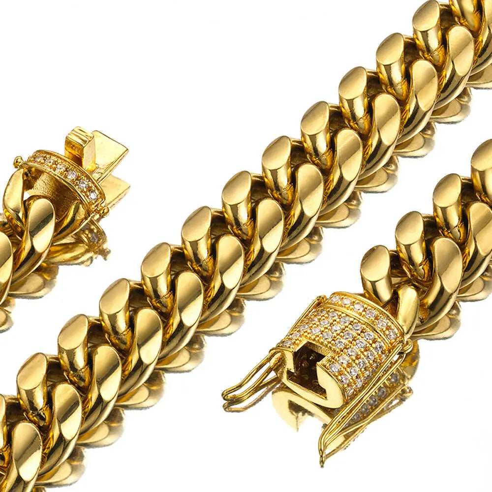 Necklace Gold Color 8mm-18mm Stainless Steel Miami Curb Cuban Chain for Women Men