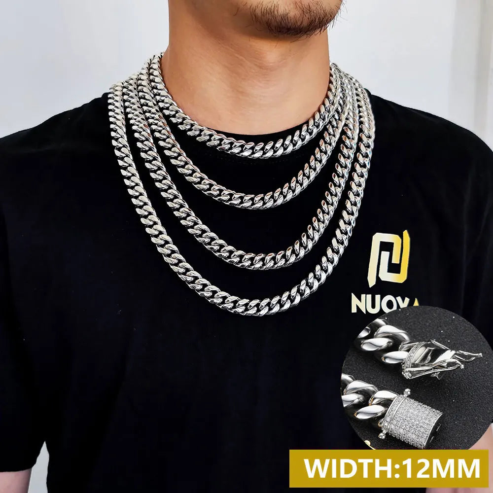 6-16mm Iced Clasp Cuban Link Chain Miami Stainless Steel Necklace Gold Color