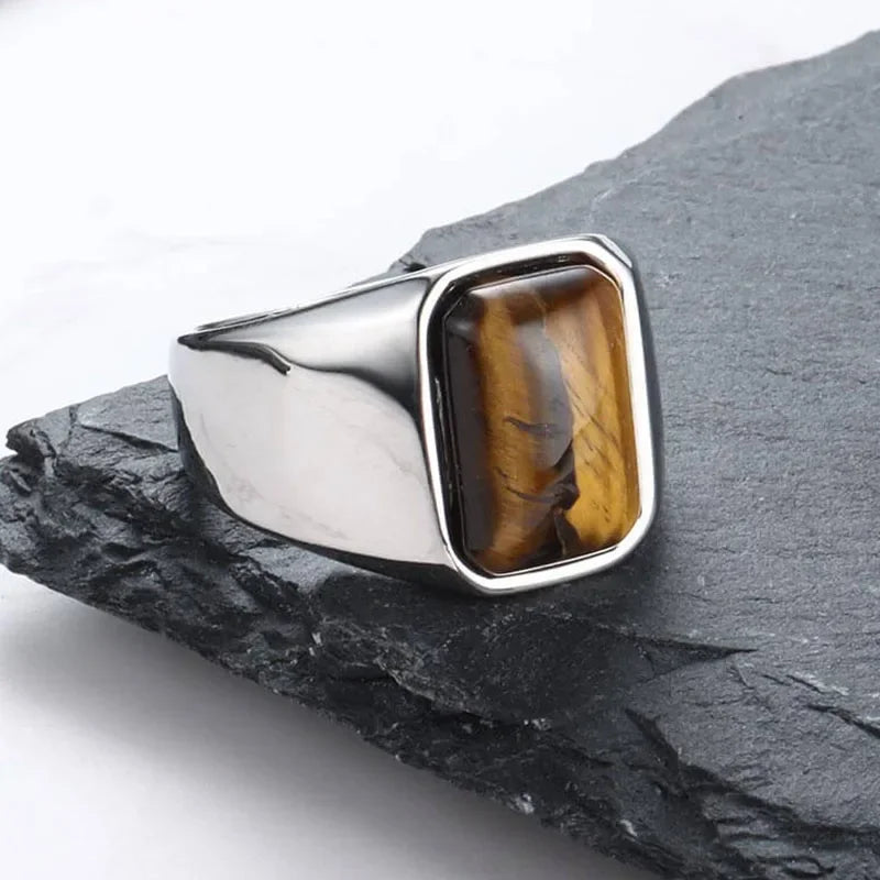 Natural Gemstone Tiger Eye Signet Ring Stainless Steel Waterproof