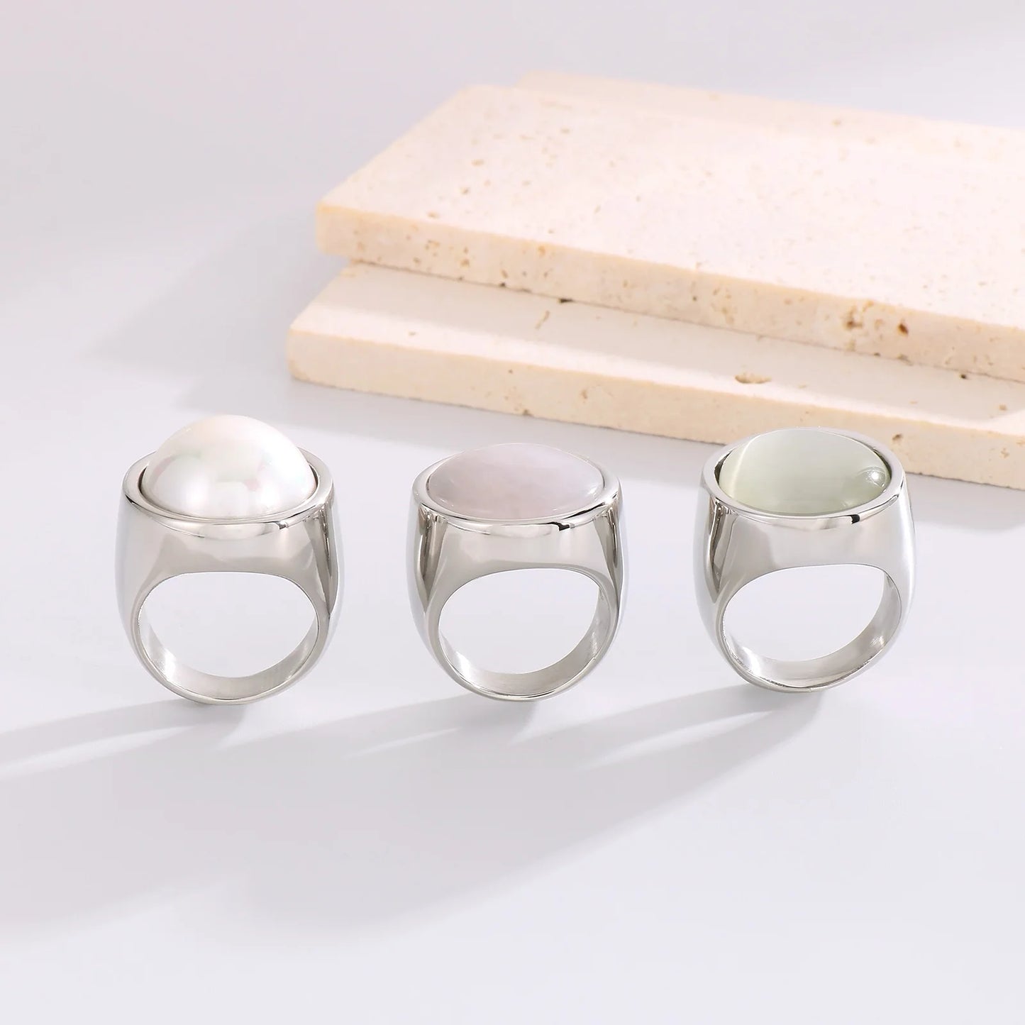 Colorful Glass Shell Pearl Large Rings for Women Men Gold Silver Color Stainless Steel
