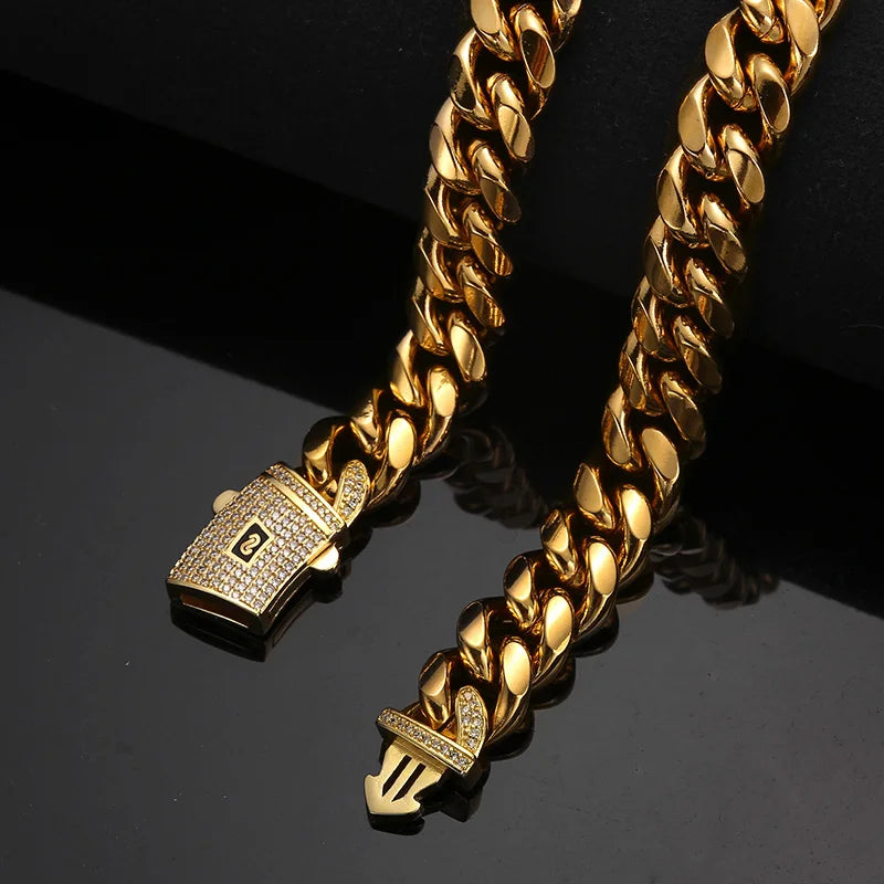 Silver Color Stainless Steel Cuban Miami Chains Necklaces CZ Zircon Lock Link