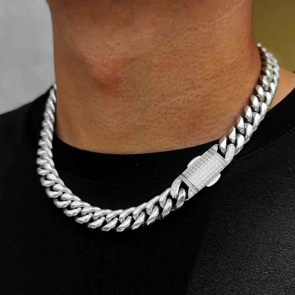 12mm Stainless Steel Homme Cadena Miami Cuban Link Chain Men Rapper Rock Necklace
