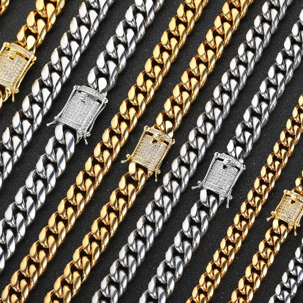 6-16mm Iced Clasp Cuban Link Chain Miami Stainless Steel Necklace Gold Color