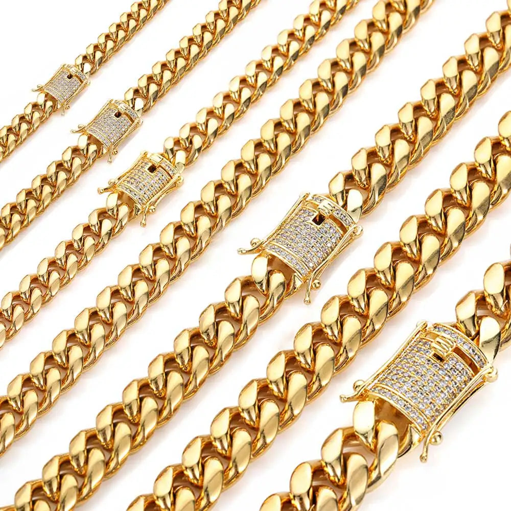 6-16mm Iced Clasp Cuban Link Chain Miami Stainless Steel Necklace Gold Color